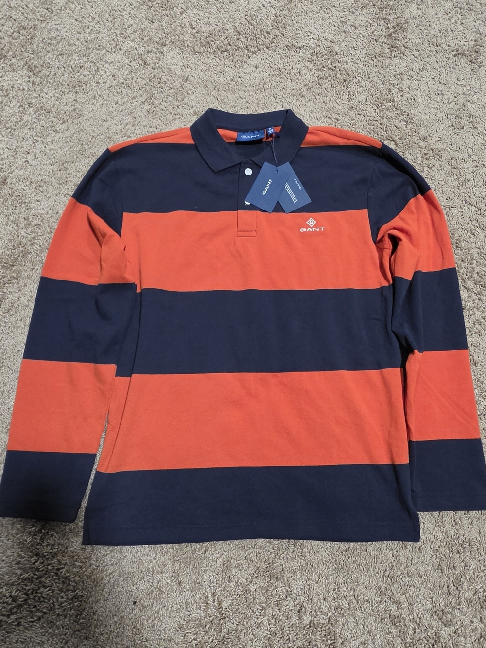 NWT Gant Long Sleeve Rugby Polo Shirt Navy Blue Orange Striped Men's Size M